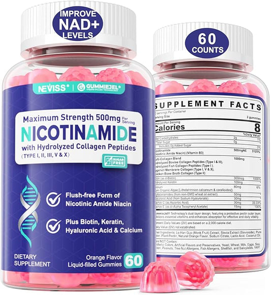 Nicotinamide 500mg Gummies, NAD+ Supplement for Women & Men w/Collagen Peptides, (Flush Free Niacin) Vitamin B3 Niacinamide for Anti-Aging, NAD+ Levels, Longevity, Focus & Brain, Sugar Free, 60Cts