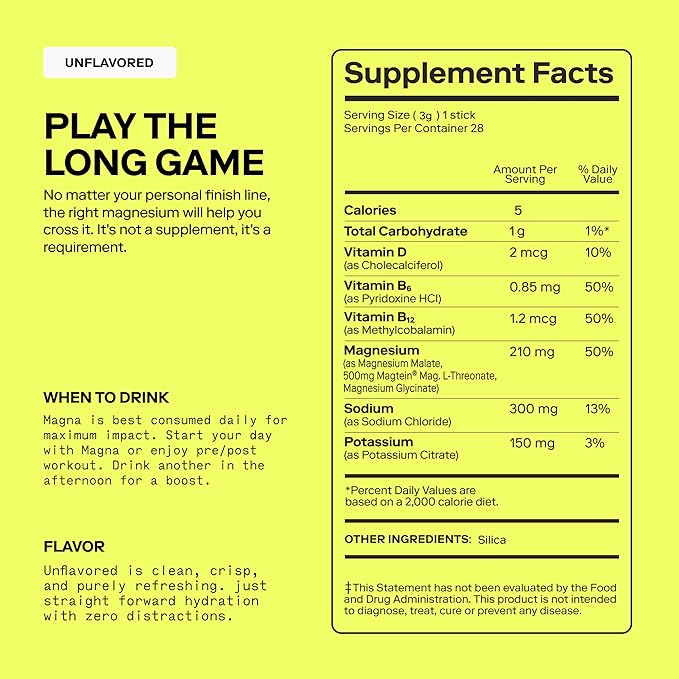 MAGNA Electrolyte Powder Drink Mix for Hydration, Energy & Focus Support with Magnesium L Threonate, Malate & Glycinate, Sodium, Potassium, Vitamin D, B6 & B12, Unflavored, 7 Servings