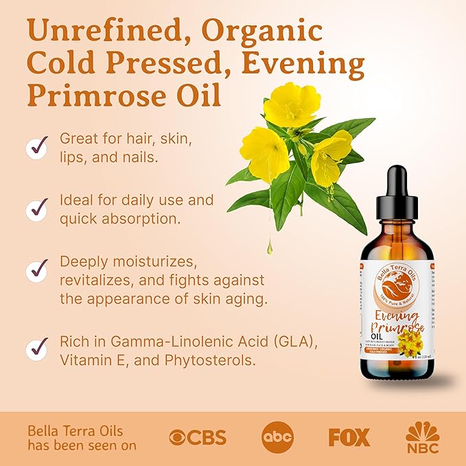 Bella Terra Oils - Organic Evening Primrose Oil 8 oz - Pure Primrose Extract, Enriched with GLA & Antioxidants, Perfect for Skin & Hair Nourishment