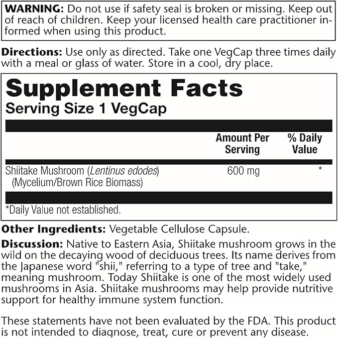 SOLARAY Shiitake Mushroom 600 mg | 100 Count