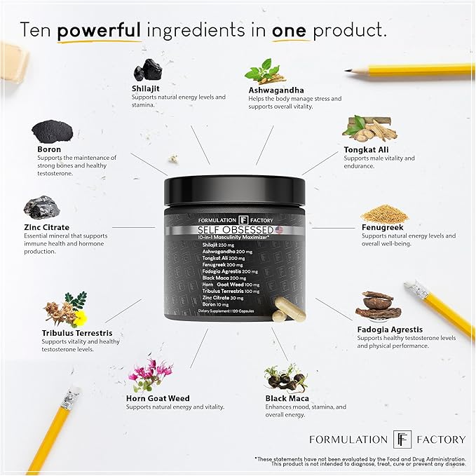 Self Obsessed 10 in 1 Masculinity Maximizer Supplement, Shilajit for Men, Tongkat Ali, Ashwaganda, Fenugreek & More, Muscle Growth, Energy Management, Strength, Recovery 4-Month Supply (Pack of 2)