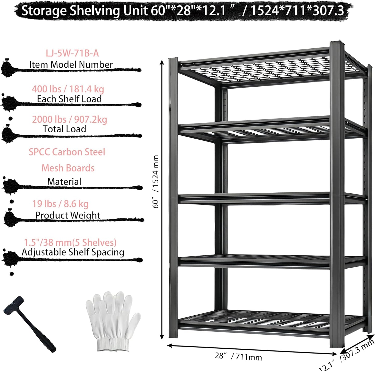 Standing Shelf Units Heavy Duty Storage Rack Industrial Wire Mesh Shelving Double Layer Support Floor Mount Black Steel 60" H x 28" W x 12.1" D 5-Tier 2000LBS