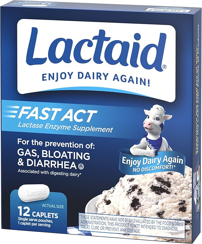 Lactaid Fast Act Lactose Intolerance Relief Caplets with Lactase Enzyme to Prevent Gas, Bloating & Diarrhea Due to Lactose Sensitivity, Ideal for Travel & On-The-Go, 12 Packs of 1-Count