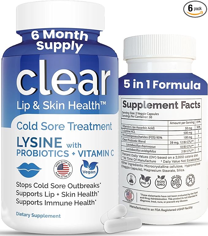 Lysine Cold Sore Treatment for Lips – with Lactobacillus Rhamnosus, Acidophilus and Vitamin C – Cold Sore Supplement for Lip & Skin Health, Immune Support & Prevention – 360 Capsules