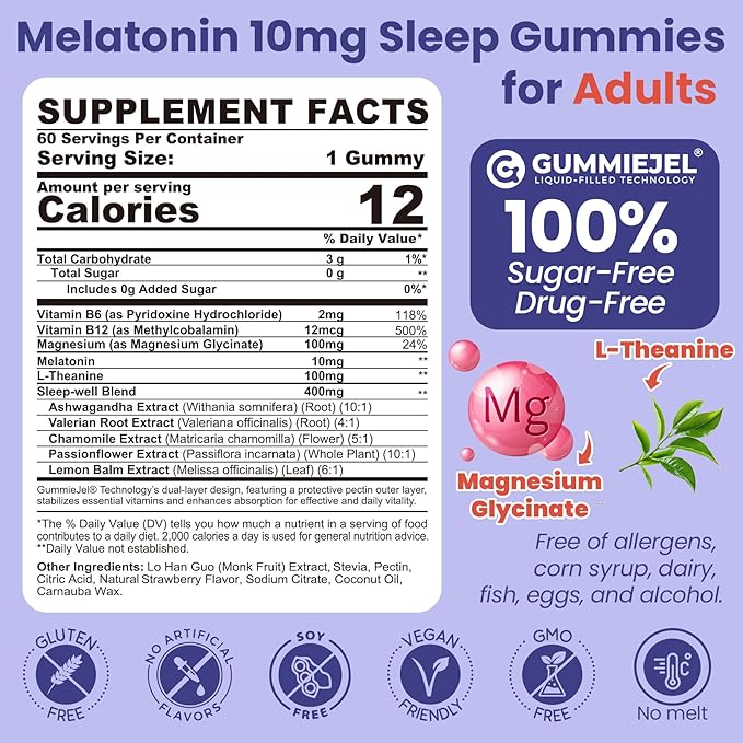 Melatonin Gummies 10mg 20mg with Magnesium for Adults | Drug Free | Sleep Aid | Sugar Free | L-Theanine, Ashwagandha, B6, B12, Lemon Balm & Chamomile, Supports Deep Relaxation, 60 Cts