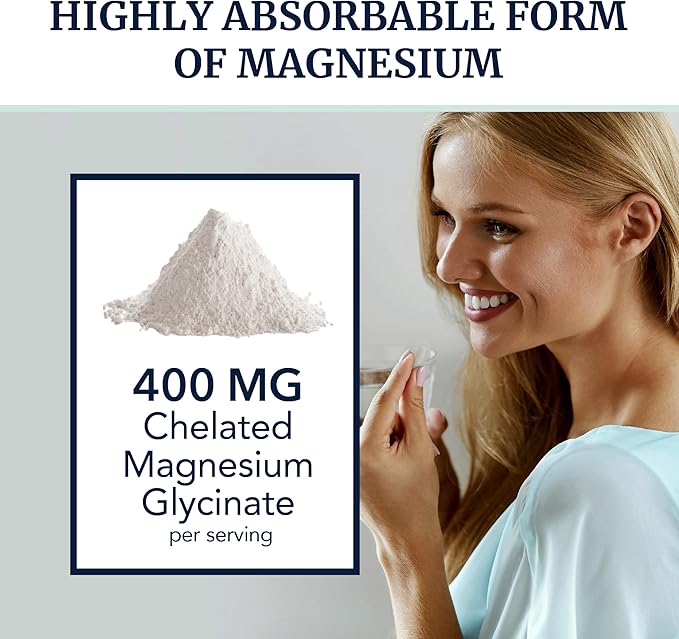 Magnesium Glycinate 400mg | High Absorption Formula for Sleep, Calm, Muscle Relaxation, Heart, Bone & Nerve Support for Women & Men | Chelated Magnesium Glycinate Supplement | 120 Ct (2 Month Supply)