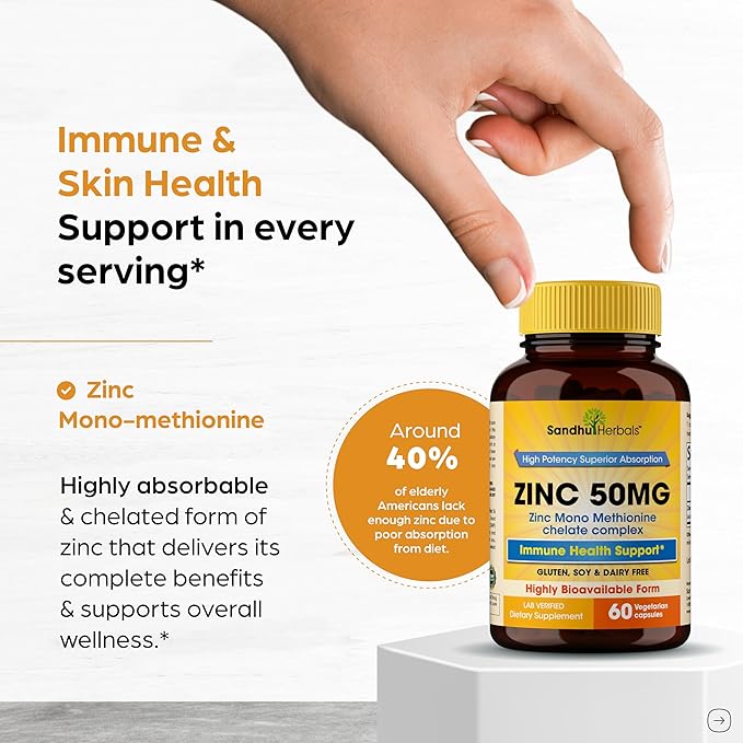Sandhu Herbals Zinc 50mg Supplement for Men & Women| High Absorption Zinc Monomethionine Complex 60 Capsules| Supplements for Immune, Acne & Antioxidant Support| Vegetarian