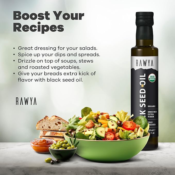 RAWYA Black Seed Oil - USDA Organic Certified - Cold Pressed - 8.4 Fl oz - Extra Virgin - Turkish Black Cumin Seed - Premium Nigella Sativa with Thymoquinone - Kalonji - Non-GMO, Gluten-Free - Nutritional Supplements - Extra Strong Taste