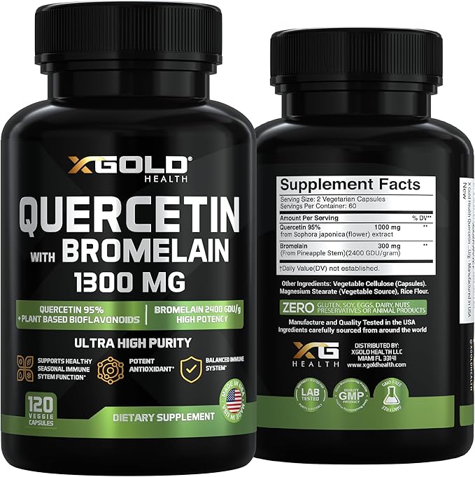 Quercetin + Bromelain 1,300mg – Quercetin: 95% - Highly Purified and Highly Bioavailable Plus Bromelain 2,400 GDU/g - Made in USA | 120 Caps
