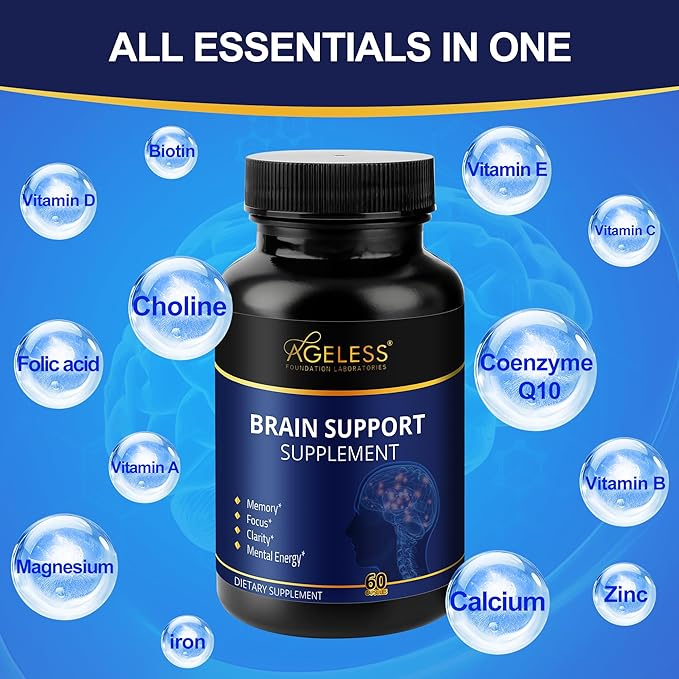 Ageless Brain Supplements for Memory and Focus & Cognitive Improvement | Nootropic Brain Supplement for Men & Women | Support Mental Clarity & Neuro Health | Including Vitamin B6, B12, 60 Capsules