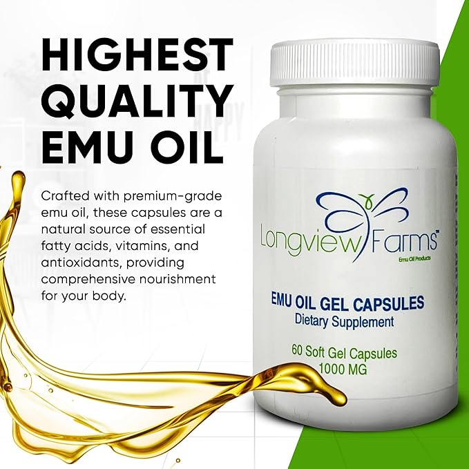 Longview Farms® Emu Oil Gel Capsules | 100% Pure Emu Oil for Skin Health, Mobility, and General Wellness | Natural Omega 3, 6, 9, and Essential Vitamins | 60 Capsules