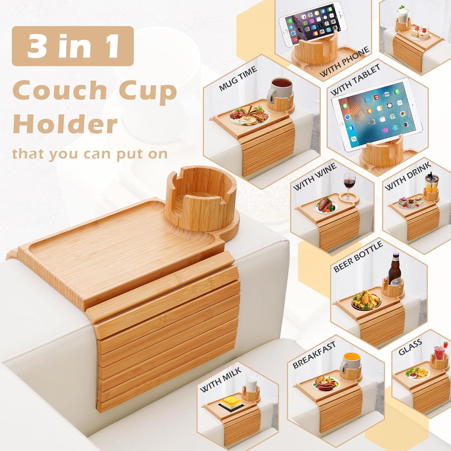 Couch Cup Holder Tray, 3 in 1 Couch Arm Trays,Large Bamboo Chair Arm Rest Tray with 360° Cup Holder,Removable Anti-Slip Organizer for Snack Eating