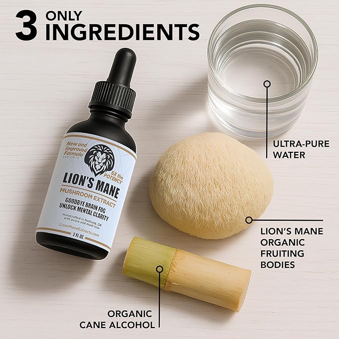 Lion's Mane Extract Mushroom Tincture - Focus, Memory & Clarity Support - 2 oz, Lion’s Mane Supplement Liquid Extract | Dual-Extracted from USA-Grown Fruiting Bodies, Mushroom Drops Nootropic