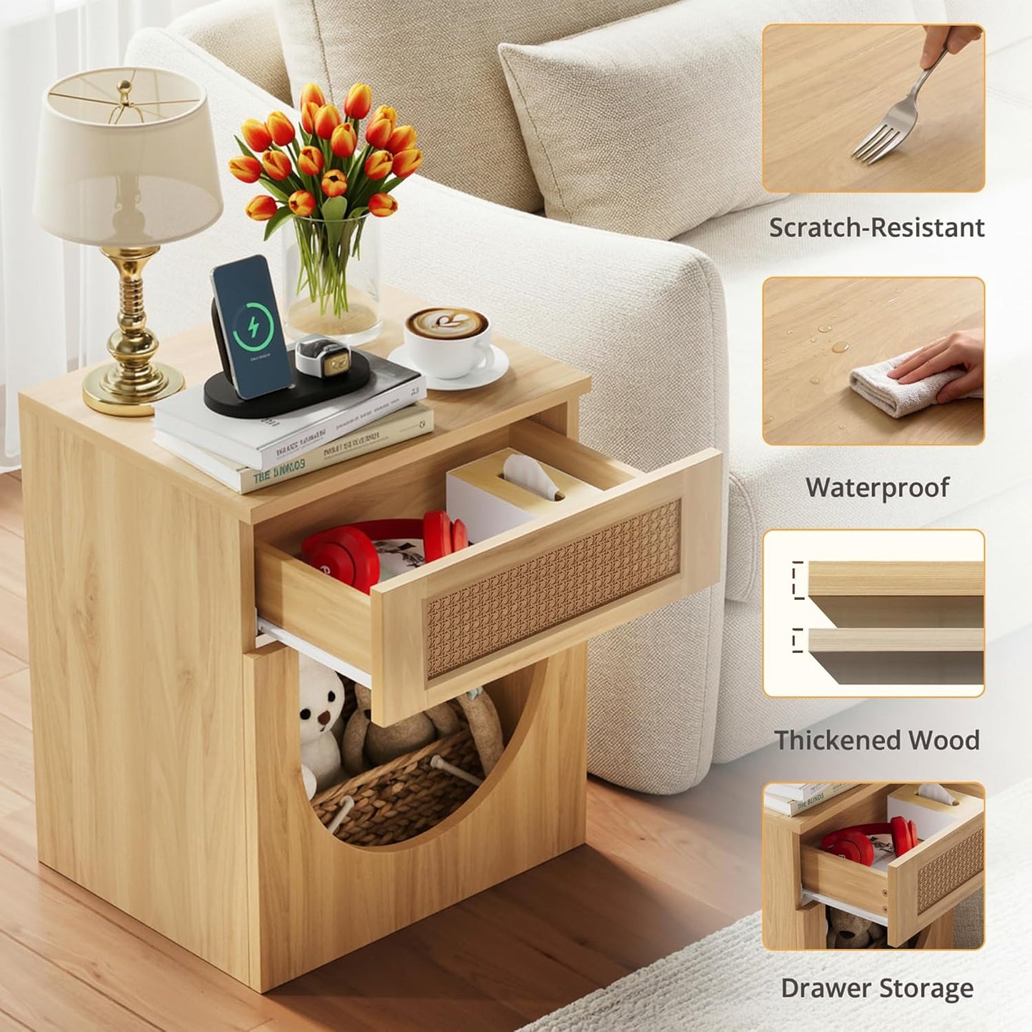 End Table with Drawer, 20 Inch Artificial Rattan Night Stand for Arched Storage or Cat Rest Area, Sturdy Thickened Wood Side Table Bedside Table for Living Room, Bedroom and Apartment