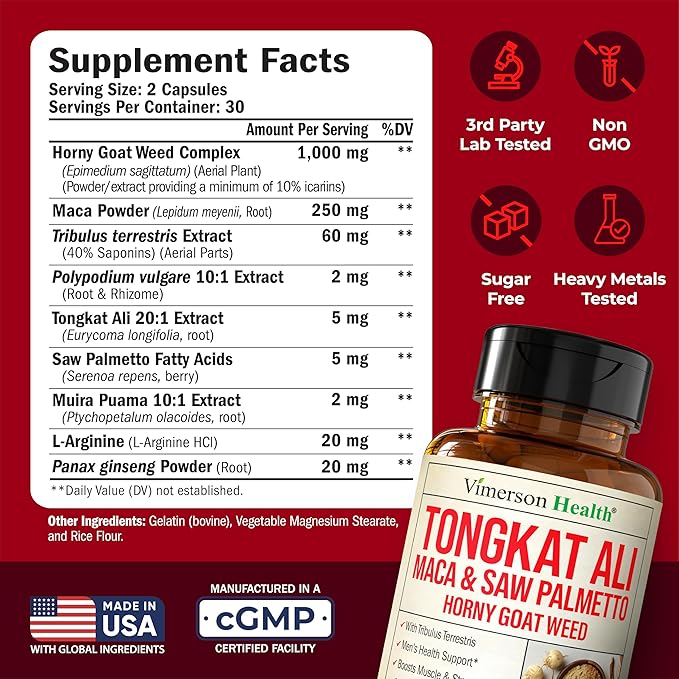 Maca Root, Saw Palmetto & HornyGoatWeed For Men – Tongkat Ali and Panax Ginseng Supplement for Energy, Drive & Strength – Workout Supplement For Men with Tribulus Terrestris & L-Arginine – 60 Capsules