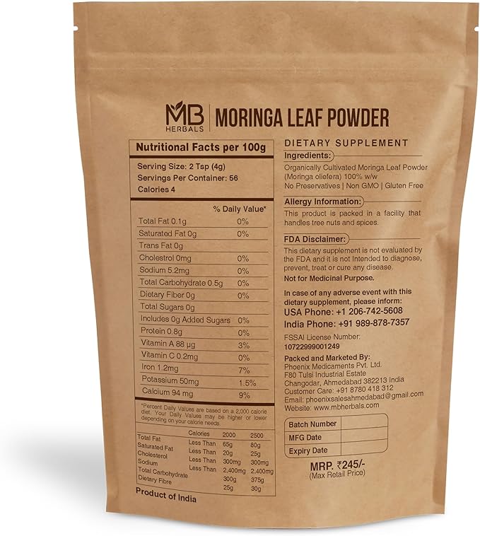 MB Herbals Moringa Leaf Powder 8 oz (227g / 0.5 LB) | 100% Pure Moringa Powder | Easily Mixes in Drinks & Smoothies | No Preservatives