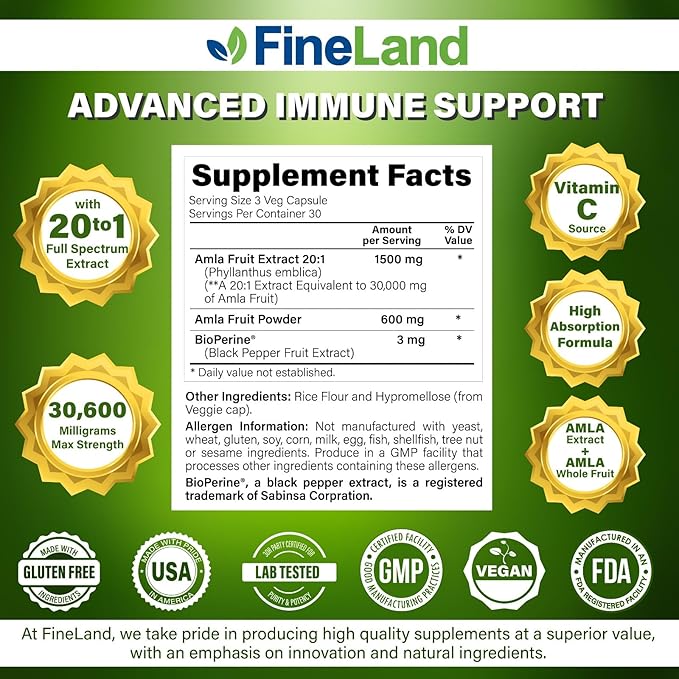 FineLand Amla (Indian Gooseberry) 20X Full Spectrum Extract – 30,600mg Equivalent per Serving with BioPerine® for Absorption, Rich in Natural Vitamin C, Immune & Digestive Support – 90 Vegan Capsules