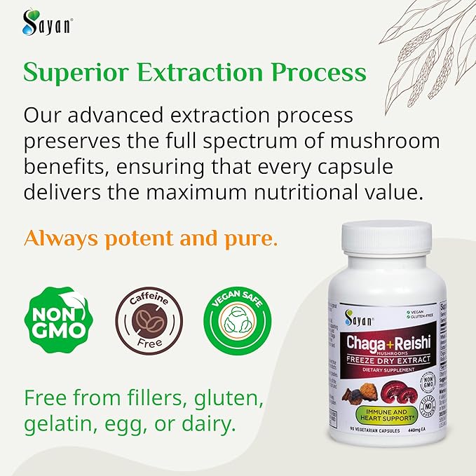 Sayan Siberian Chaga and Organic Reishi Mushroom Extract Supplement – 90 Capsules/440mg Each - Wild-Harvested, Antioxidant Blend for Immune System Support + Natural Energy Boost, Non-GMO, Gluten Free