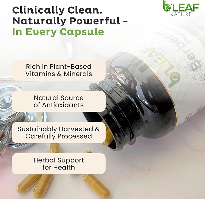 B’Leaf Nature Berberine Phytosome, 120 Capsules – 1100mg Berberine Supplement for Metabolic and Cardiovascular Support – Vegan, Gluten-Free, Non-GMO Berberine Phytosome Capsules for Immune Wellness
