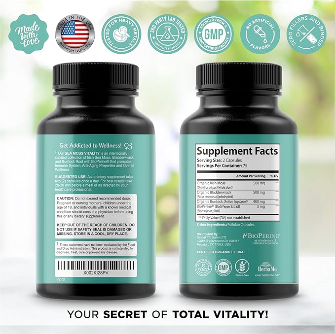 Organic Irish Sea Moss with Bladderwrack, Burdock Root & Black Pepper Extract, 150 Capsules, Thyroid Support, Natural Iodine Source, Promotes Immune System, Cell Food, Alkaline Supplement