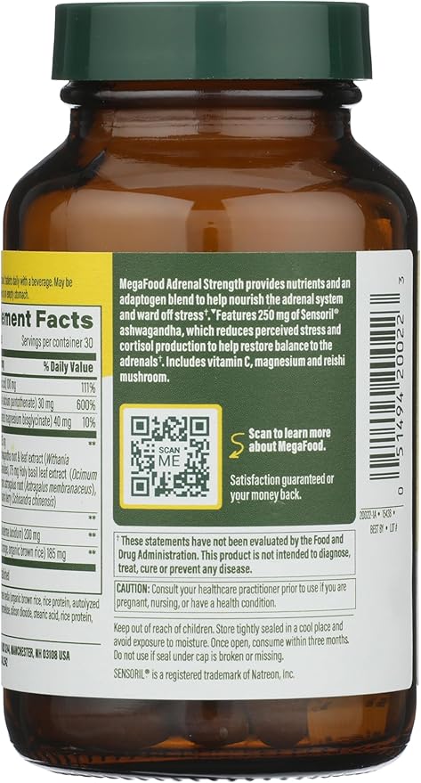 MegaFood Adrenal Strength - Adrenal Support Supplements with Ashwagandha and Magnesium Glycinate, Vitamin C, Holy Basil, Astragalus, Reduces Cortisol Levels - Vegetarian - 60 Tablets (30 Servings)