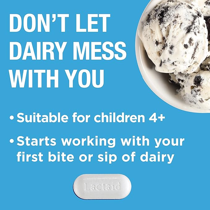 Lactaid Original Strength Lactose Intolerance Pills, 9000 FCC Natural Lactase Enzyme Dairy Relief Caplets, Helps Prevent Gas, Bloating & Diarrhea Due to Lactose Sensitivity in Adults & Kids, 120 Count