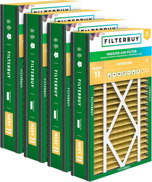 Filterbuy 16x25x5 Air Filter MERV 11 Superior Pet & Allergy Defense (4-Pack), Electrostatic Pleated HVAC AC Furnace Filters for Trion Air Bear 255649-105 and More (Actual Size: 15.63 x 24.13 x 4.88)