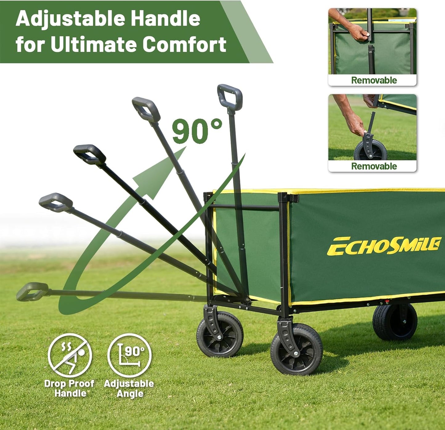 EchoSmile Collapsible Wagon Cart for Camping & Beach - Heavy Duty 400lbs Capacity All-Terrain Cart with Wide Wheels, Portable Folding Utility Wagon for Grocery, Garden, Sports,Green&Yellow