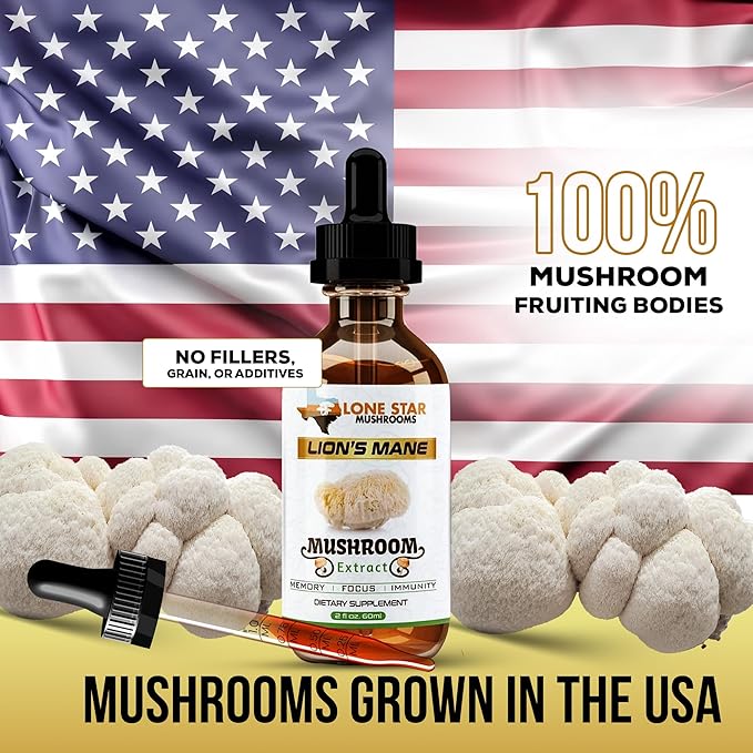 Lions Mane Dual Liquid Extract/Tincture | Organic Fruiting Bodies only | Grown in USA | Highly Concentrated | Memory, Focus, Immunity | No Grain/Filler