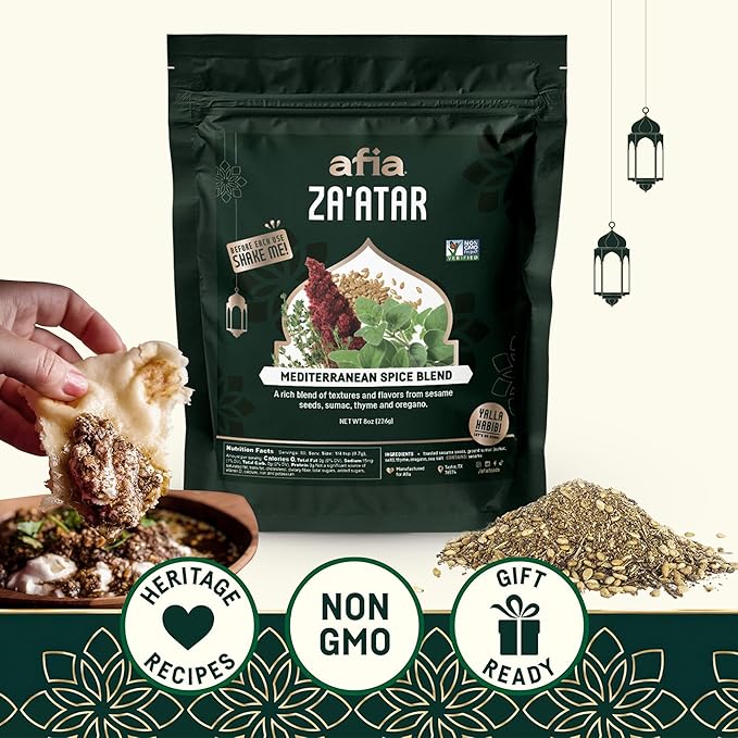 Afia - Za’atar Seasoning | Mediterranean Spice Blends for Manoushe, Flatbread, Hummus Seasoning | Premium Spice with Top Notes of Sesame Seeds, Sumac, Oregano (Za'atar 8oz)