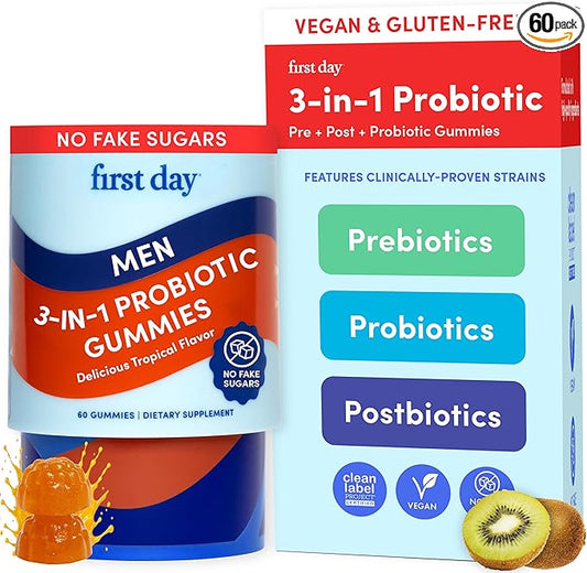 FIRST DAY 3 in 1 Probiotics for Men - Prebiotic, Probiotic & Postbiotic Supplement – Mens Probiotic for Digestive Health, Oral Health, Immune Function, Energy, Gut Health for Men – 30-Day Supply