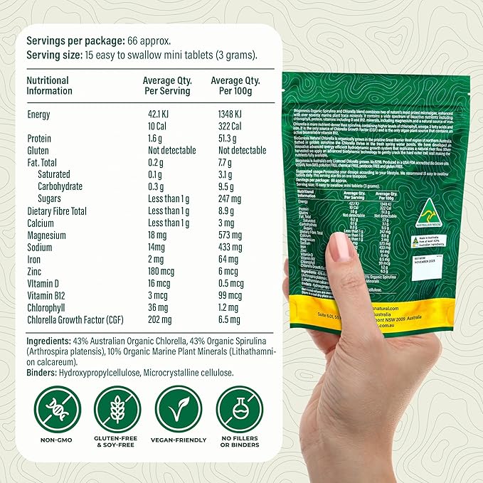 Biogenesis Organic Spirulina, Chlorella & Marine Plant Minerals - 1000 Count (200 mg) | Australian Grown Algae Superfood | Support Energy & Immunity | Vegan Mini Tablets
