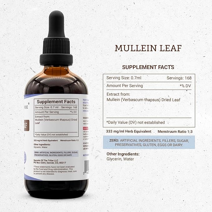 Secrets of the Tribe Mullein Leaf Tincture Alcohol-Free Liquid Extract, Mullein (Verbascum thapsus) (4 FL OZ)
