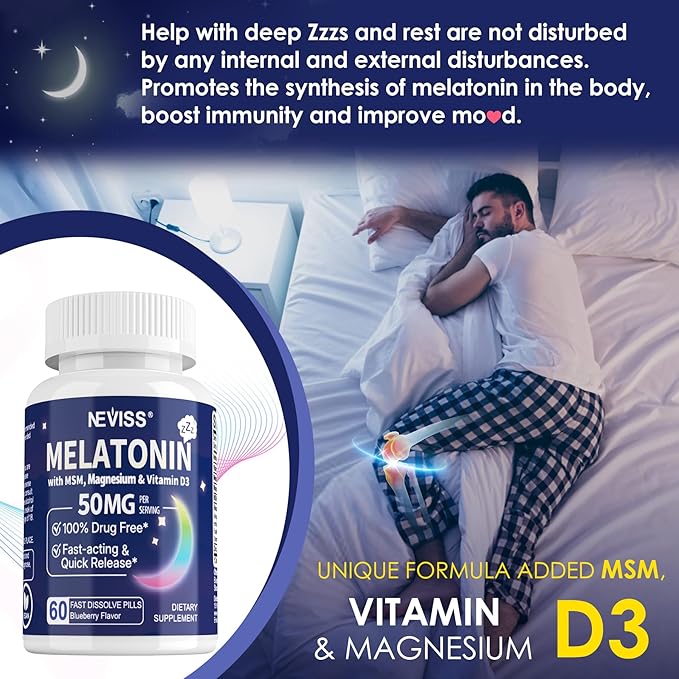 Melatonin 50 mg for Adults - Extra Strength 9-in-1 Fast Dissolve Sublingual - w/Vitamin D3 & MSM, Relaxing Herbal Blend-Ashwagandha, Lemon Balm, Passionflower,Chamomile,Sugar Free, Vegan 60 Servings