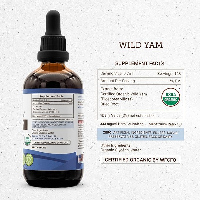 Secrets of the Tribe Wild Yam USDA Organic | Alcohol-Free Extract, High-Potency Herbal Drops, Digestion | Made from 100% Certified Organic Wild Yam (Dioscorea Villosa) Dried Root 4 oz