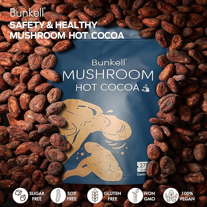 Bunkell Mushroom Hot Cocoa, Adaptogenic Mushroom with Reishi, L-Theanine, Chicory, Melatonin & Glycine, Melatonin, Sleep Hot Cocoa Supplement for Sleep and Stress Support, 25 Servings 1 Pack