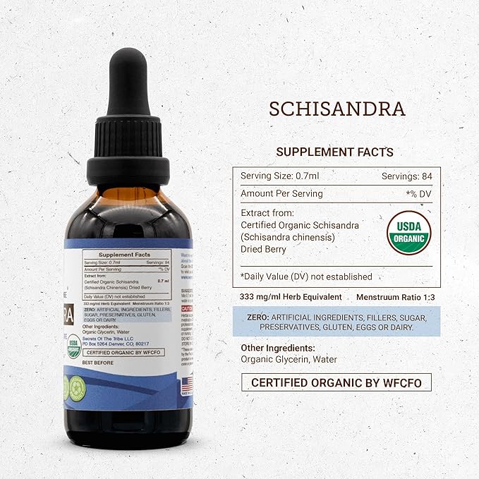 Secrets of the Tribe Schisandra USDA Organic | Alcohol-Free Extract, High-Potency Herbal Drops | Made from 100% Certified Organic Schisandra (Schisandra Chinensis) Dried Berry 2 oz