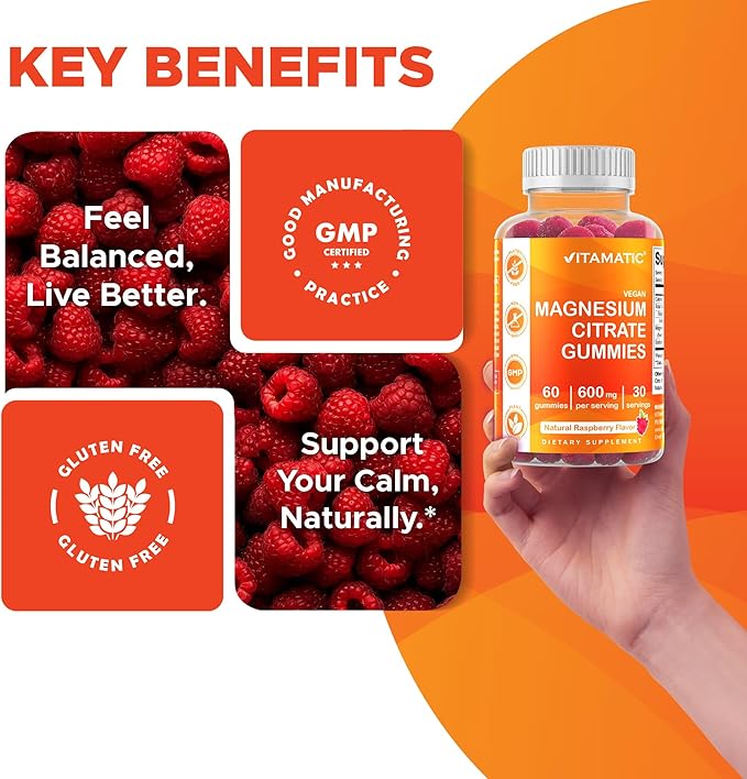 Vitamatic Magnesium Gummies 600mg per Serving – 60 Vegan Gummies – Relaxation, Muscle, Bone & Energy Support – 3 Pack