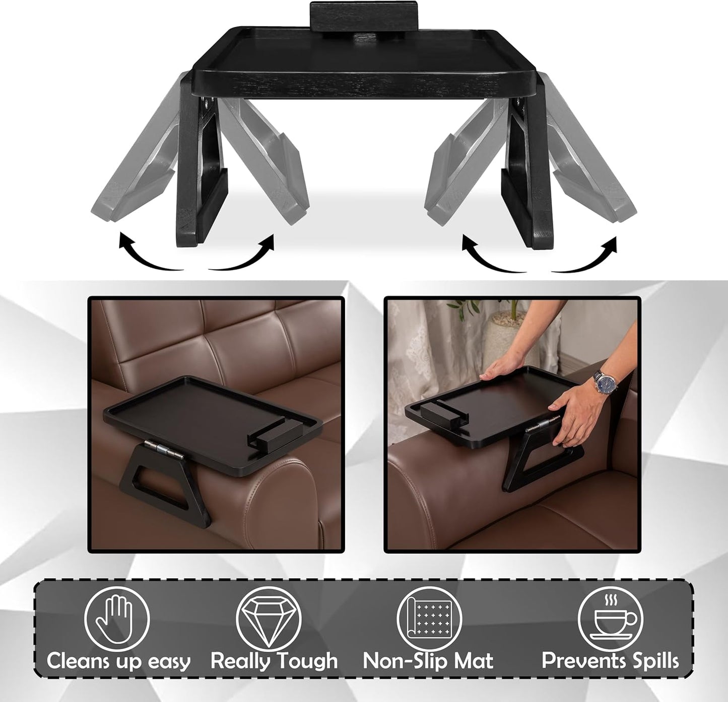 Acacia Wood Arm Table (15.35" D x 9.8" W x 5.7" H), Couch Arm Tray for TV Dinners, Remote, Foldable Armrest Organizer, Rectangular Sofa Armrest Tray - Black