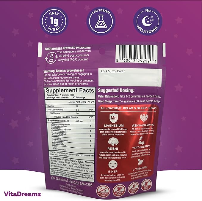 Magnesium Gummies Relax & Sleep | No Melatonin | Daytime Calm & Nighttime Sleep Aid | Ashwagandha, Reishi, Tart Cherry, 5-HTP, L-THeanine | 1g of Sugar, Vegan, Non GMO, Berry Flavored