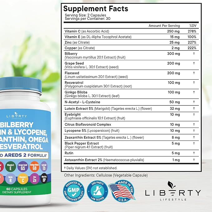 Eye Health Vitamins with Bilberry, Lutein & Zeaxanthin, Lycopene, Resveratrol, Grape Seed Extract Flaxseed Astaxanthin- AREDS 2-180 Capsules