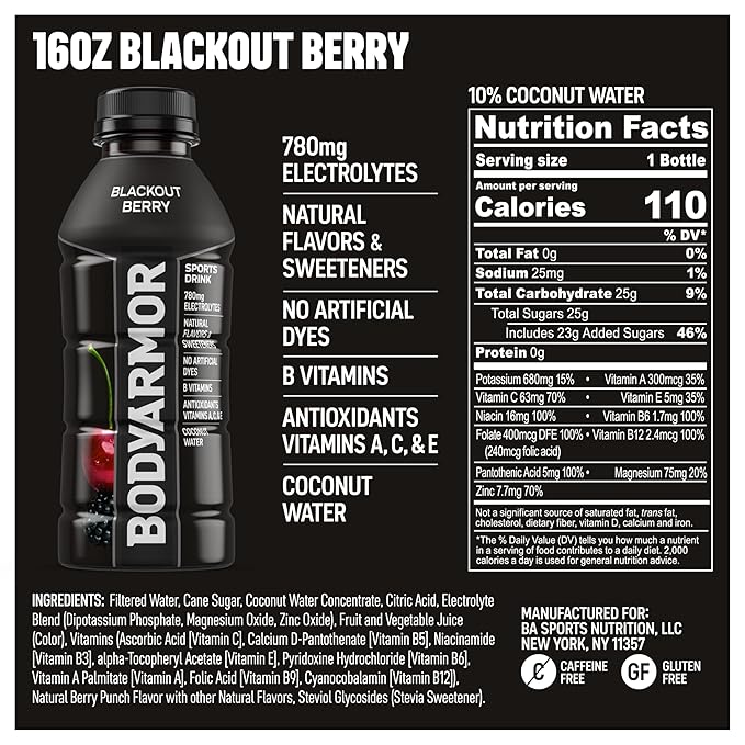 BODYARMOR Sports Drink Sports Beverage, Blackout Berry, Coconut Water Hydration, Natural Flavors With Vitamins, Potassium-Packed Electrolytes, Perfect For Athletes, 16 Fl Oz (Pack of 12)