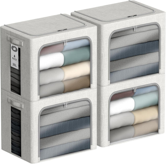 4 Pack Clothes Storage Bins with Metal Frame - 36L Stackable Storage Box with Lid，Foldable Storage Container Organizer for Clothes，Linen Fabric Storage Box with Clear Window＆Zippers＆Handles
