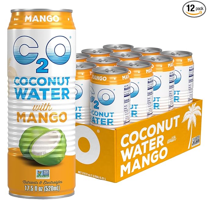 C2O - Coconut Water with Mango (12 Pack) - Made with Fresh Coconut Water - Plant Based - Non GMO - Canned Water - Natural Hydration, Essential Electrolytes, & Potassium - 12 Cans, 17.5 FL OZ