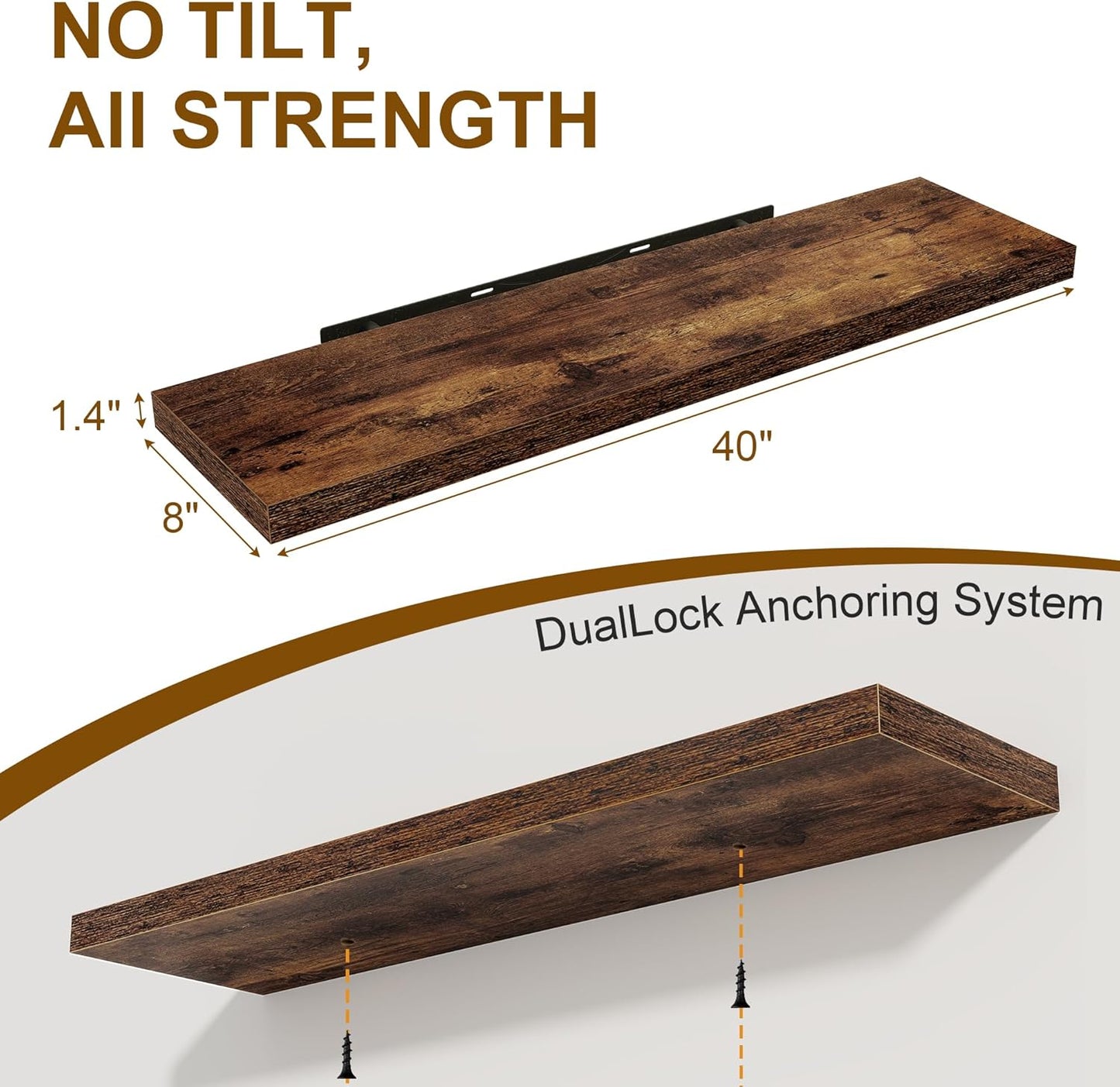 40 Inch Floating Shelves Set of 2, 8 Inch Deep Wall Shelf, Rustic Wood Storage Shelves for Bedroom, Kitchen, Bathroom, Wall-Mounted Shelf with Invisible Brackets for Books|Storage, Rustic Brown