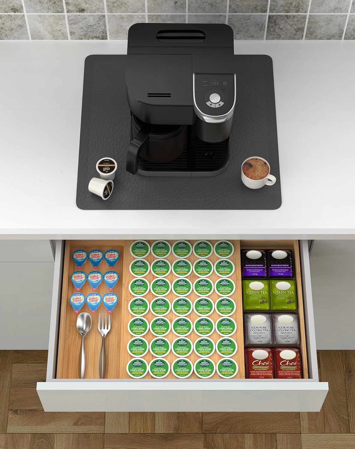 Larger Expandable Bamboo Coffee Pod Holder for Counter Drawer Display, 35 Pod Capacity, K-Cup Pods - Tea Bags Storage Organizer Holder (Bamboo)