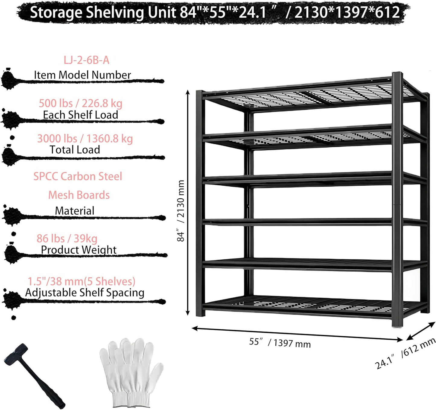 Standing Shelf Units Heavy Duty Storage Rack Industrial Wire Mesh Shelving Double Layer Support Floor Mount Black Steel 3000LBS for Warehouse Basement Garage 84" H x 55" W x 24.1" D 6-Tier