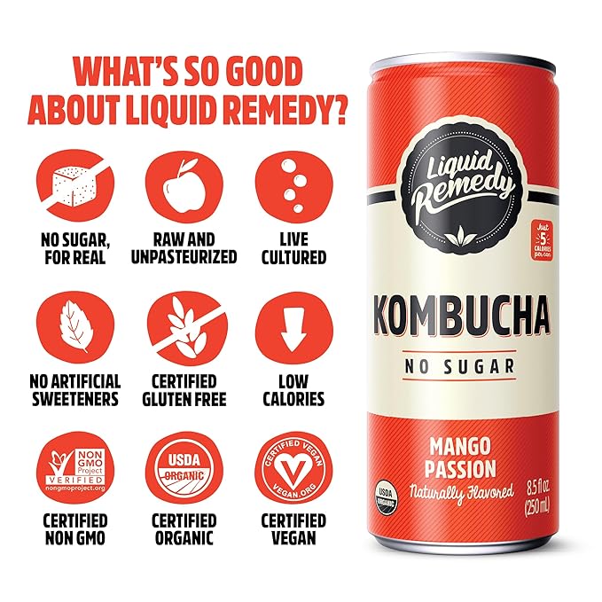 Liquid Remedy Kombucha Sugar Free Organic Drink, Low Calorie, Probiotic Like Tea for Gut Health - Tropical Trio Variety Pack - 8.5 Fl Oz Can, 12-Pack