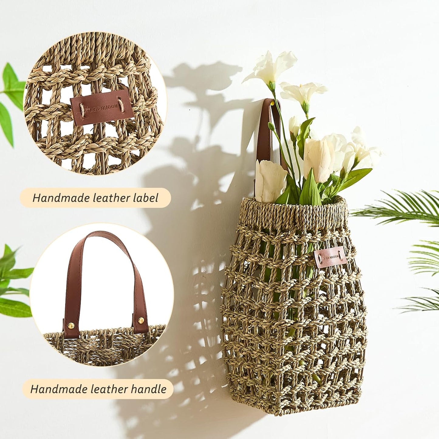 Woven Front Door Basket Water Hyacinth Wall Hanging Basket Decorative Boho Mounted Organizer for Dried Flower Plants Storage Basket for Garden, Home, and Farmhouse Décor (C_Seagrass)