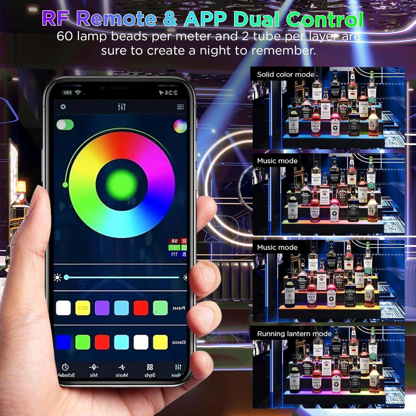 Dethan 2 Tier 40 Inch Liquor Bottle Display Shelf - Wine Racks with Multi-Color App & Remote Control, Adjustable Brightness & Sound Modes, Acrylic Bar Shelves for Commercial Clubs